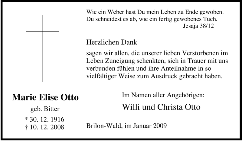  Traueranzeige für Marie Elise Otto vom 10.01.2009 aus Tageszeitung