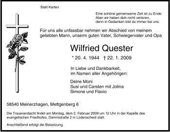 Traueranzeige von Wilfried Quester von Tageszeitung