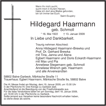 Traueranzeige von Hildegard Haarmann von Tageszeitung