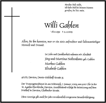 Traueranzeige von Willi Gahlen von Tageszeitung