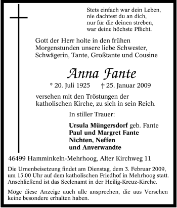 Traueranzeige von Anna Fante von Tageszeitung