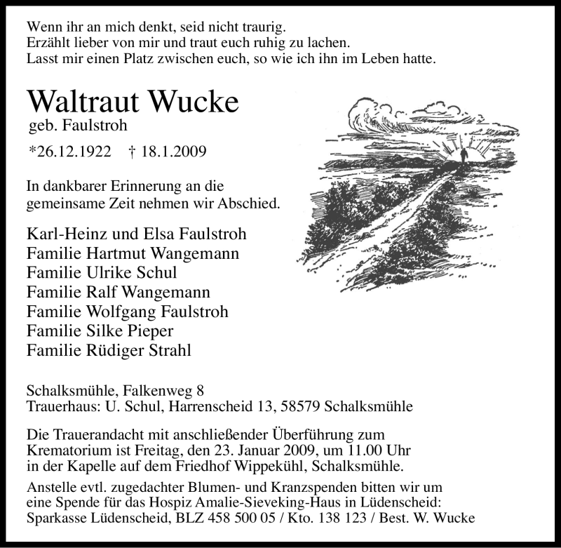  Traueranzeige für Waltraut Wucke vom 21.01.2009 aus Tageszeitung