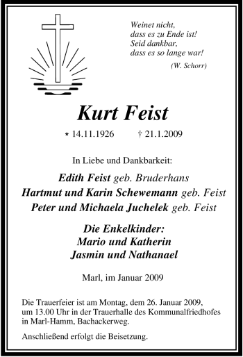 Traueranzeige von Kurt Feist von Tageszeitung
