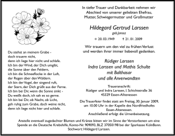 Traueranzeige von Hildegard Gertrud Larssen von Tageszeitung