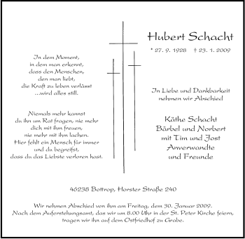 Traueranzeige von Hubert Schacht von Tageszeitung