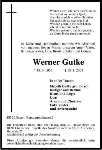 Traueranzeige von Werner Gutke von Tageszeitung
