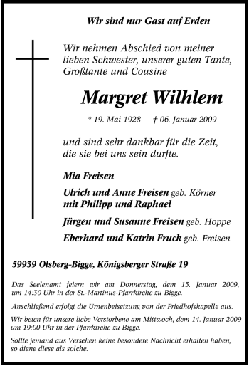 Traueranzeige von Margret Wilhlem von Tageszeitung
