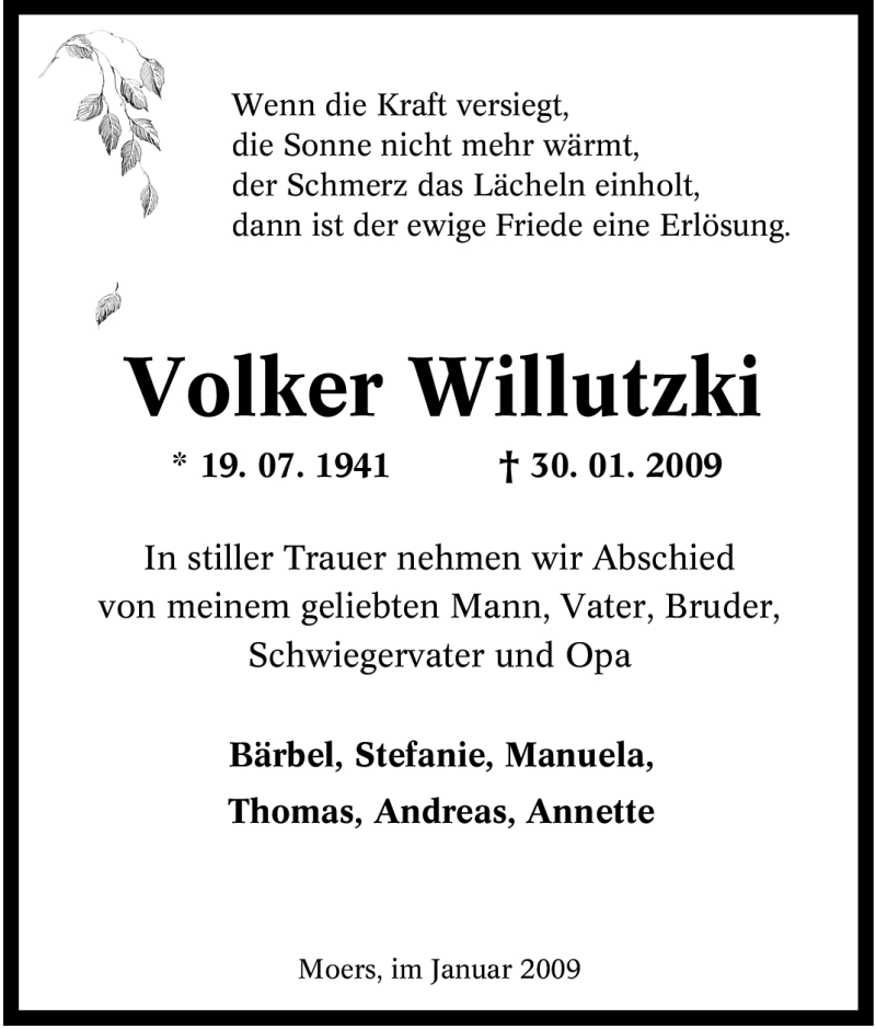  Traueranzeige für Volker Willutzki vom 31.01.2009 aus Tageszeitung