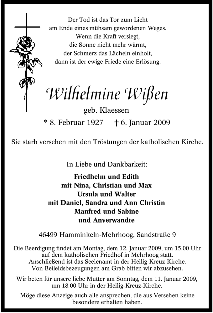  Traueranzeige für Wilhelmine Wißen vom 08.01.2009 aus Tageszeitung