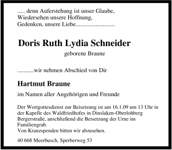 Traueranzeige von Doris Ruth Lydia Schneider von Tageszeitung