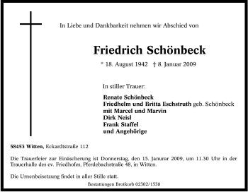 Traueranzeige von Friedrich Schönbeck von Tageszeitung