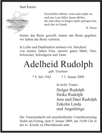 Traueranzeige von Adelheid Rudolph von Tageszeitung