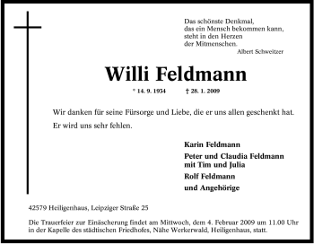 Traueranzeige von Willi Feldmann von Tageszeitung