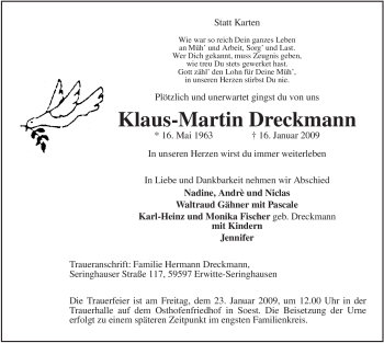 Traueranzeige von Klaus-Martin Dreckmann von Tageszeitung