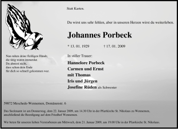 Traueranzeige von Johannes Porbeck von Tageszeitung
