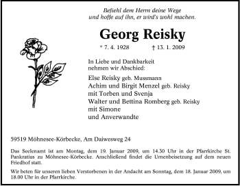 Traueranzeige von Georg Reisky von Tageszeitung