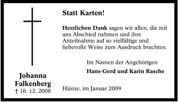 Traueranzeige von Johanna Falkenberg von Tageszeitung