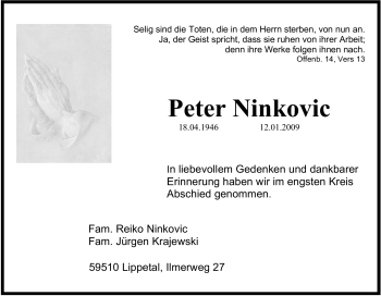 Traueranzeige von Peter Ninkovic von Tageszeitung