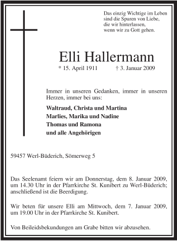 Traueranzeige von Elli Hallermann von Tageszeitung