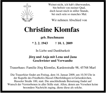 Traueranzeige von Christine Klomfas von Tageszeitung