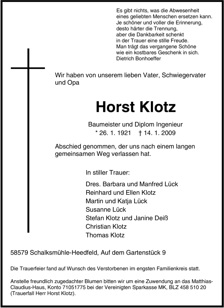  Traueranzeige für Horst Klotz vom 20.01.2009 aus Tageszeitung