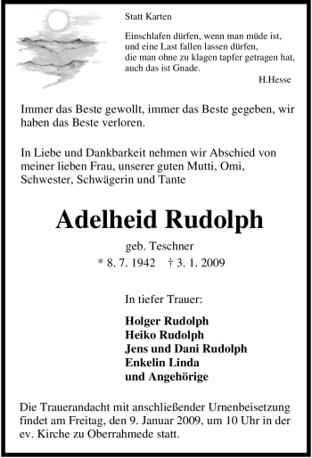Traueranzeige von Adelheid Rudolph von Tageszeitung