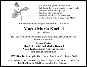 Traueranzeige von Marta Maria Knebel von Tageszeitung