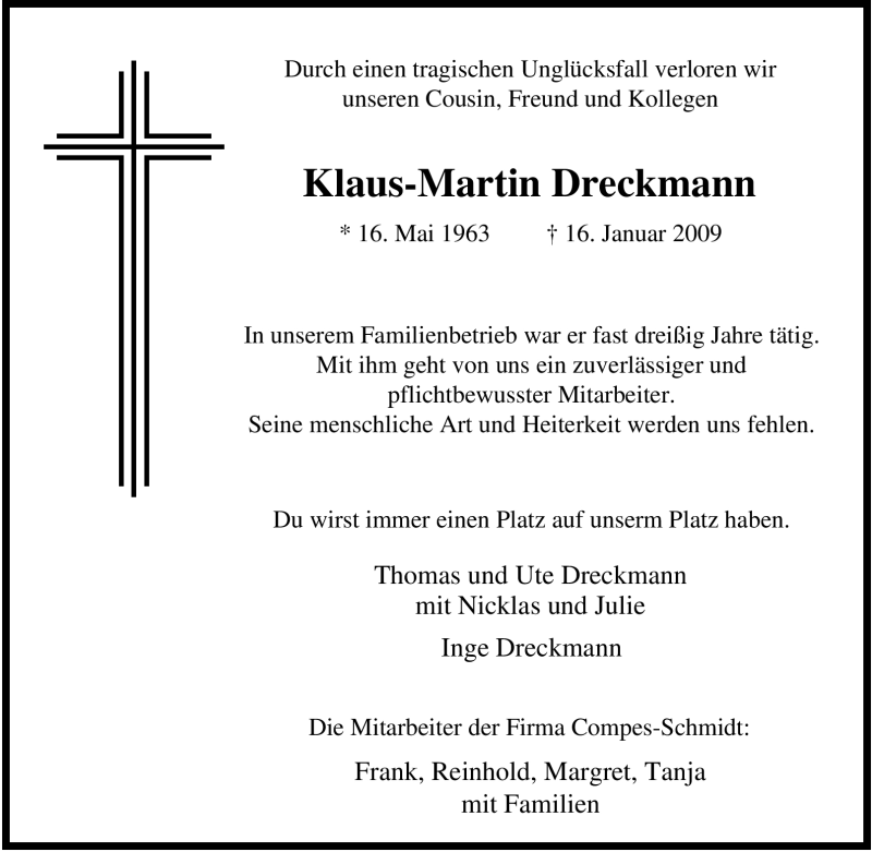  Traueranzeige für Klaus-Martin Dreckmann vom 19.01.2009 aus Tageszeitung