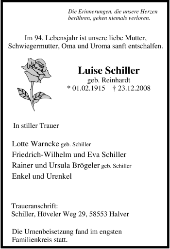 Traueranzeige von Luise Schiller von Tageszeitung