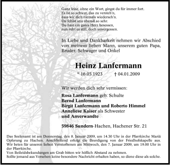 Traueranzeige von Heinz Lanfermann von Tageszeitung