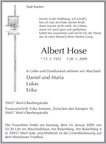 Traueranzeige von Albert Hose von Tageszeitung