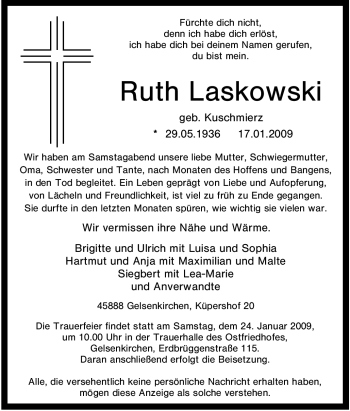 Traueranzeige von Ruth Laskowski von Tageszeitung