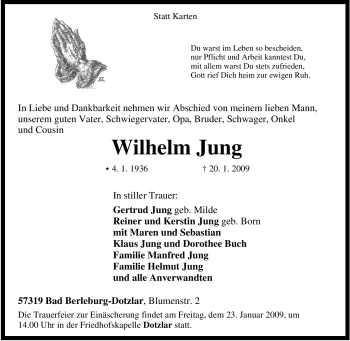Traueranzeige von Wilhelm Jung von Tageszeitung