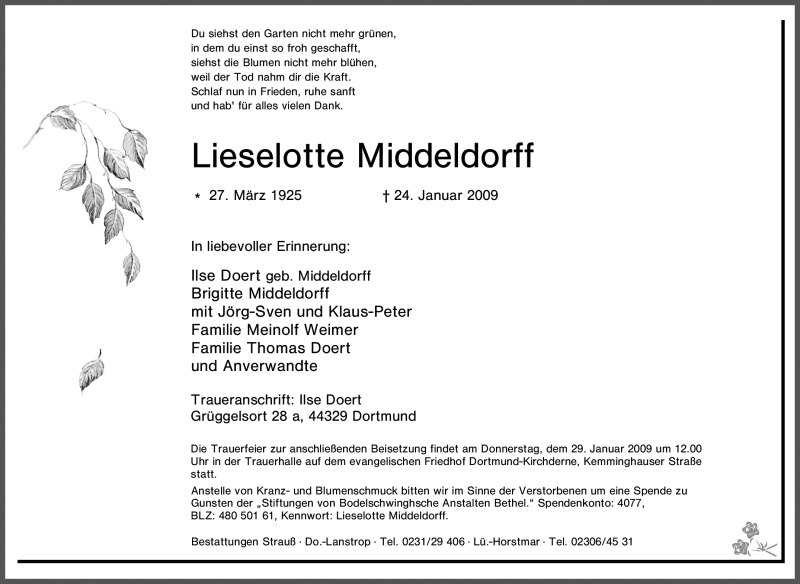  Traueranzeige für Lieselotte Middeldorff vom 27.01.2009 aus Tageszeitung