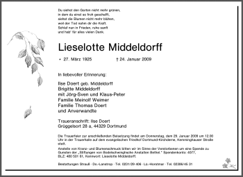 Traueranzeige von Lieselotte Middeldorff von Tageszeitung