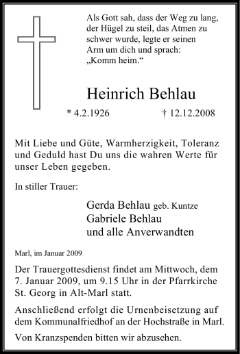 Traueranzeige von Heinrich Behlau von Tageszeitung