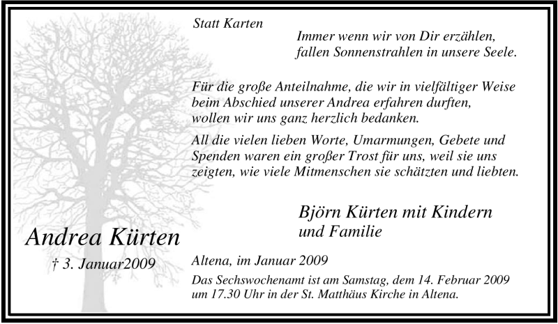  Traueranzeige für Andrea Kürten vom 31.01.2009 aus Tageszeitung