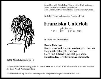 Traueranzeige von Franziska Unterloh von Tageszeitung
