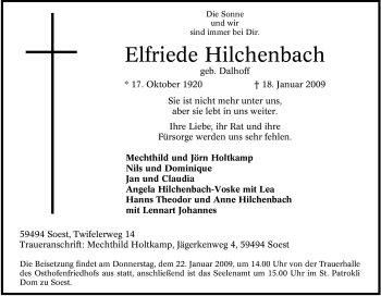Traueranzeige von Elfriede Hilchenbach von Tageszeitung