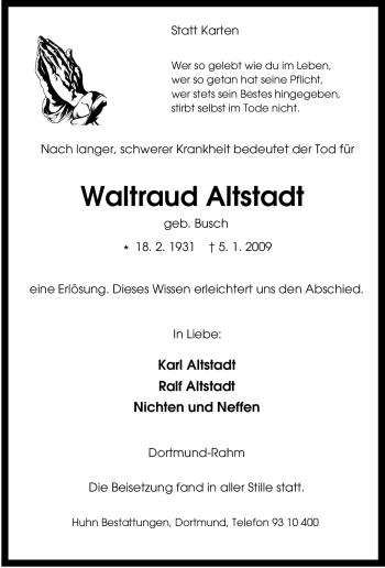 Traueranzeige von Waltraud Altstadt von Tageszeitung