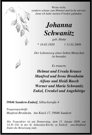 Traueranzeige von Johanna Schwanitz von Tageszeitung