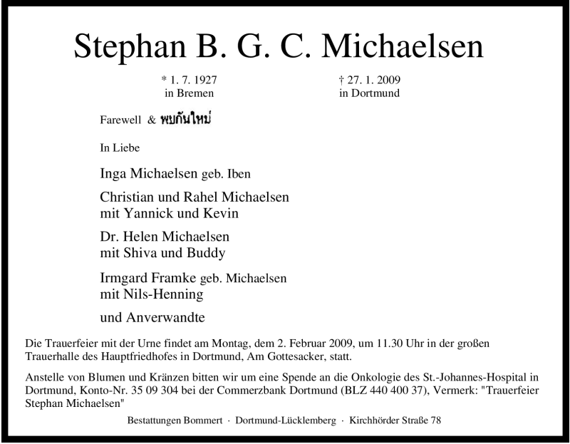  Traueranzeige für Stephan B. G. C. Michaelsen vom 29.01.2009 aus Tageszeitung