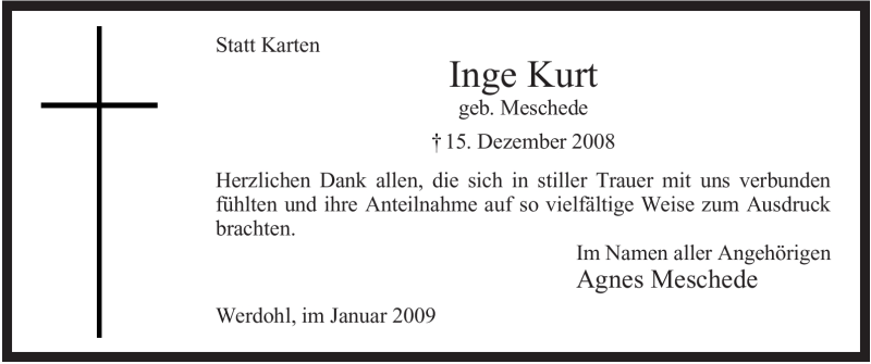  Traueranzeige für Inge Kurt vom 17.01.2009 aus Tageszeitung
