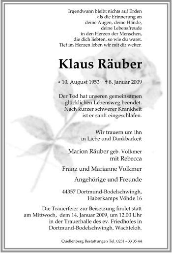 Traueranzeige von Klaus Räuber von Tageszeitung