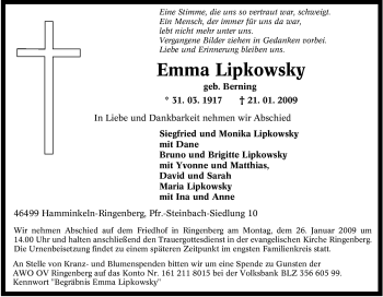 Traueranzeige von Emma Lipkowsky von Tageszeitung