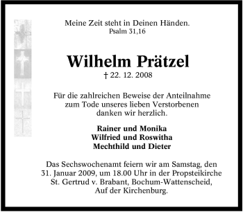 Traueranzeige von Wilhelm Prätzel von Tageszeitung