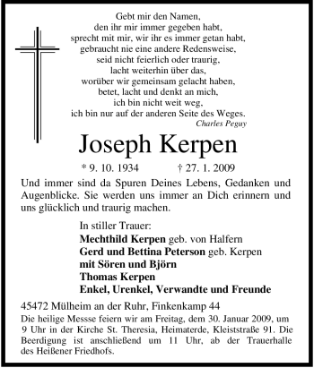 Traueranzeige von Joseph Kerpen von Tageszeitung