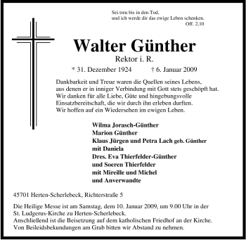 Traueranzeige von Walter Günther von Tageszeitung