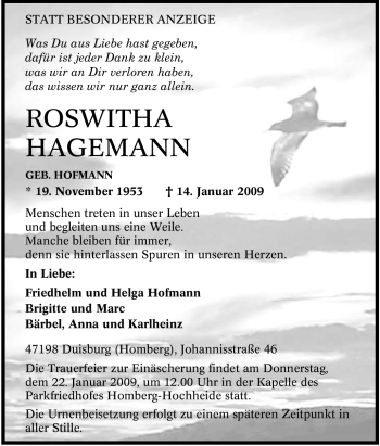 Traueranzeige von Roswitha Hagemann von Tageszeitung