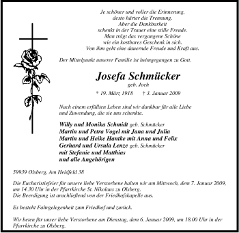 Traueranzeige von Josefa Schmücker von Tageszeitung